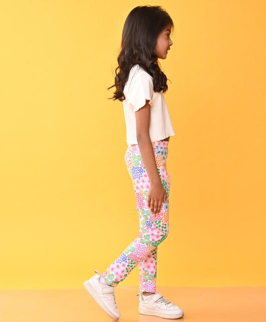 WHITE RIBBED T-SHIRT FLORAL LEGGINGS SET - WHITE / PINK