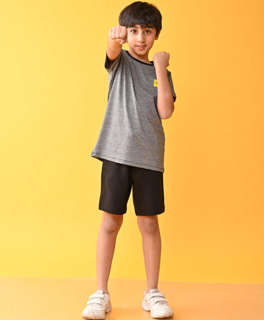 COOL PLANS BLACK MELANGE SPORTY BLACK STRIPED SHORTS SET - BLACK