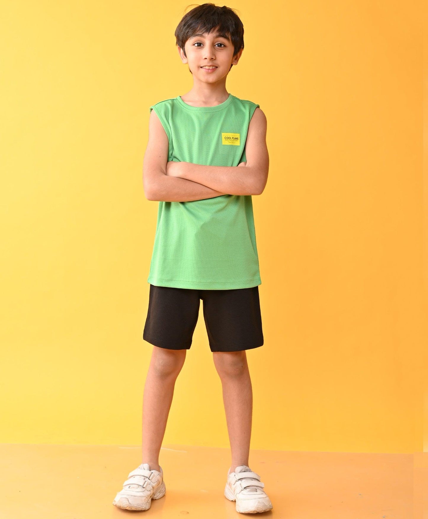 COOL PLANS SPORTY GREEN BLACK STRIPED SHORTS SET - GREEN/BLACK