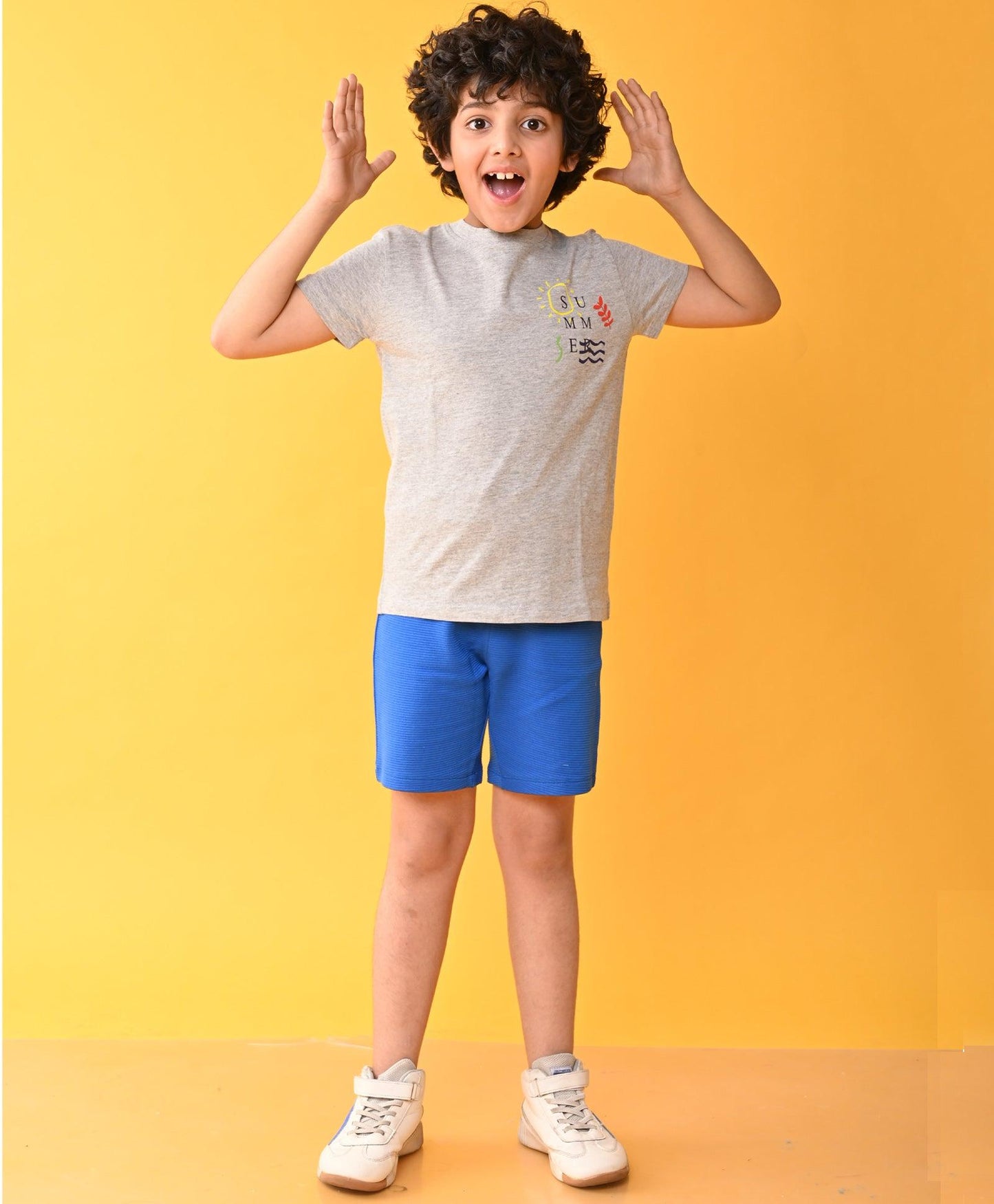SUMMER GREY ROYAL STRIPED SHORTS SET - GREY/BLUE