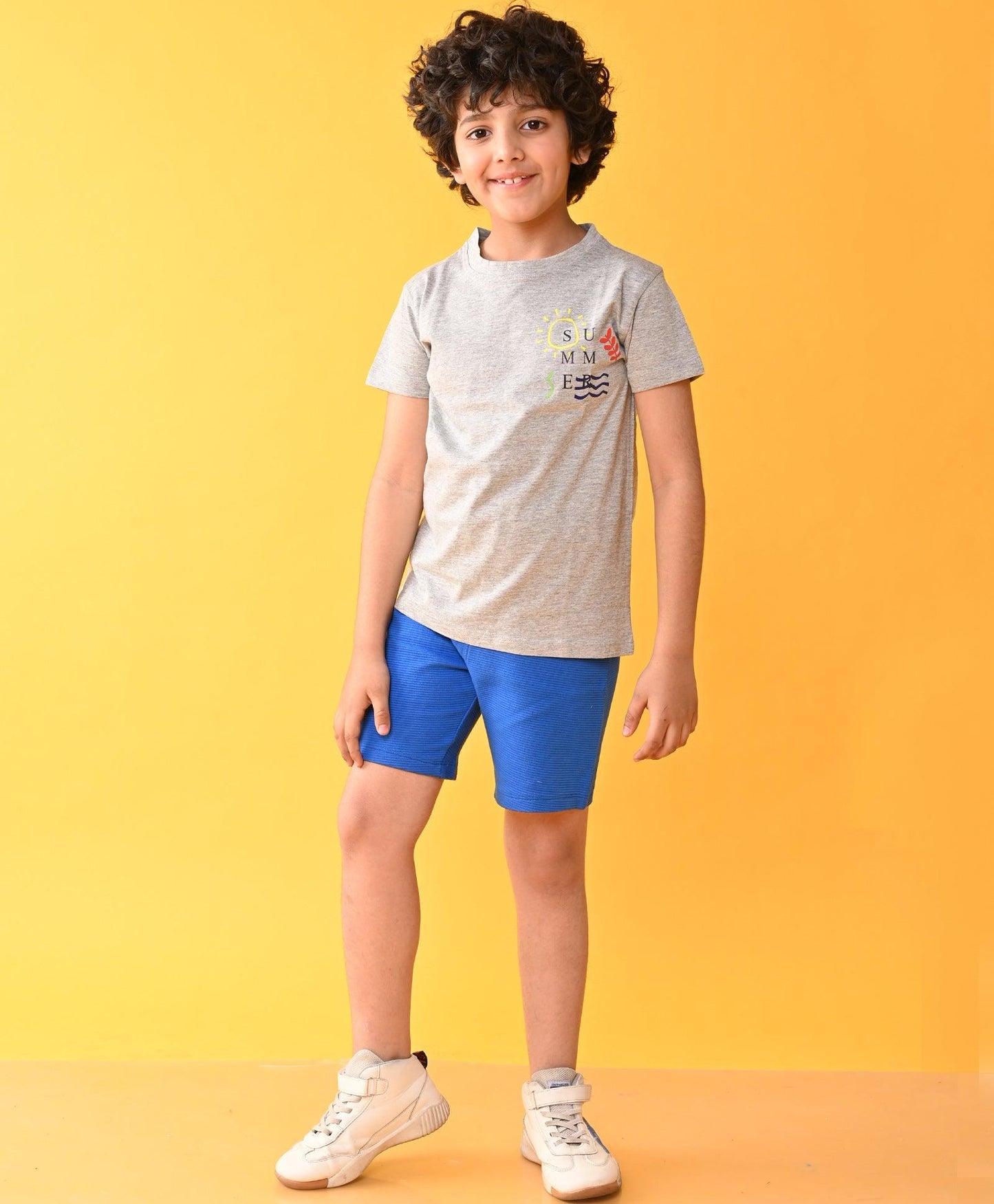 SUMMER GREY ROYAL STRIPED SHORTS SET - GREY/BLUE