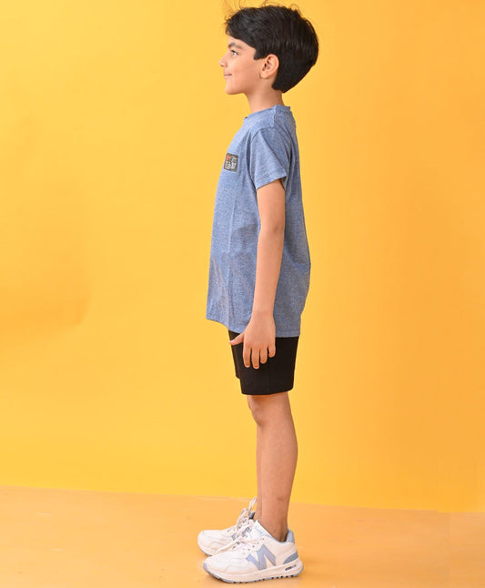 BASKETBALL BLUE MELANGE SPORTY BLACK STRIPED SHORTS SET - BLUE/BLACK