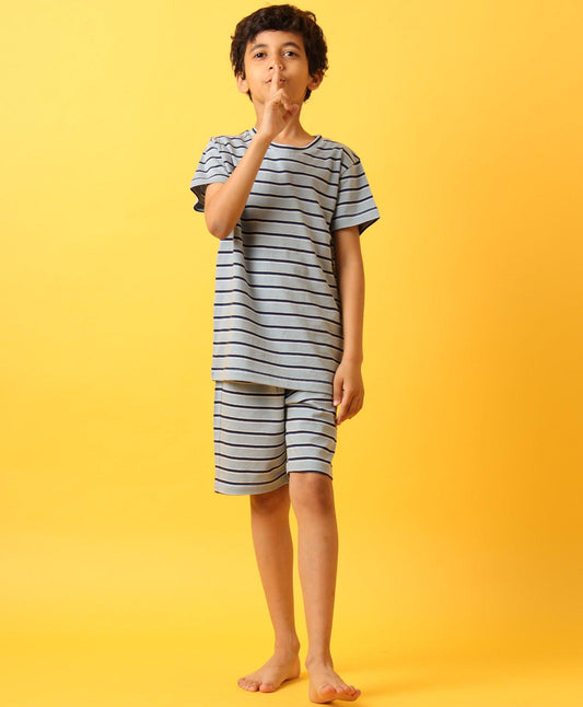 BLUE WHITE NAVY STRIPE SLEEPWEAR SHORT SET-BLUE