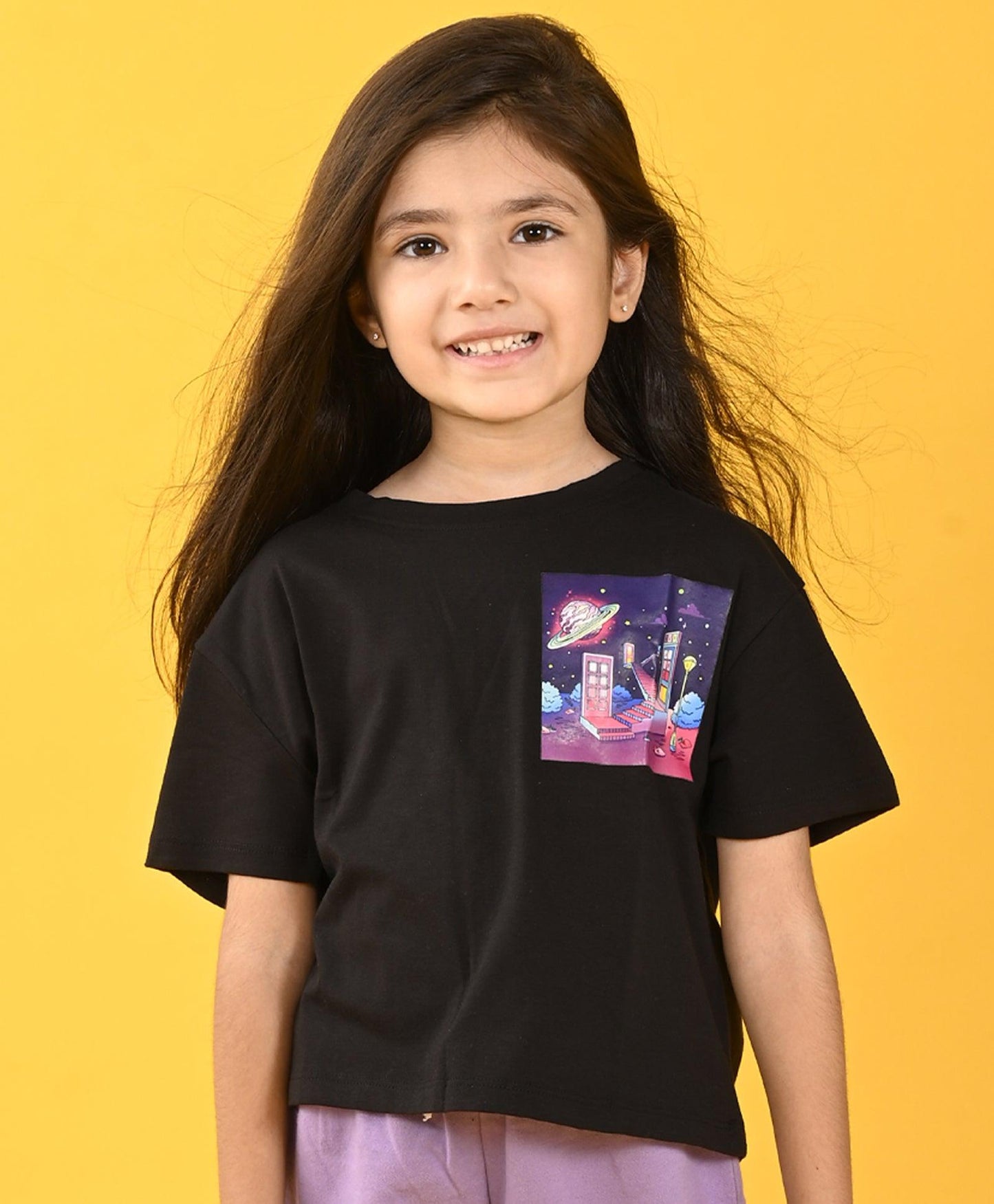 PLANET BLACK PURPLE GIRLS SHORTS SET - BLACK/PURPLE