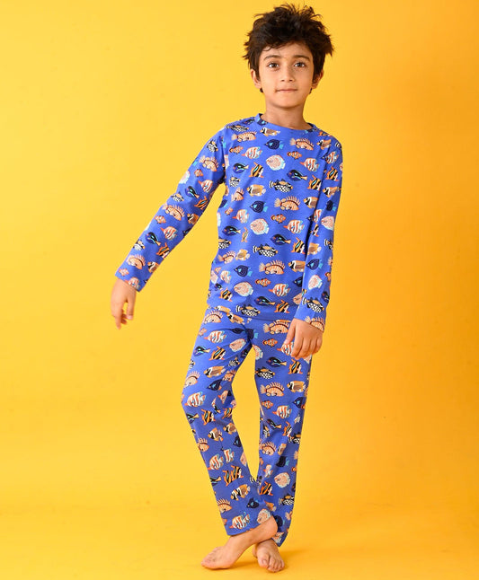 FISH BLUE BOYS LONG SLEEVE PYJAMA SET - BLUE