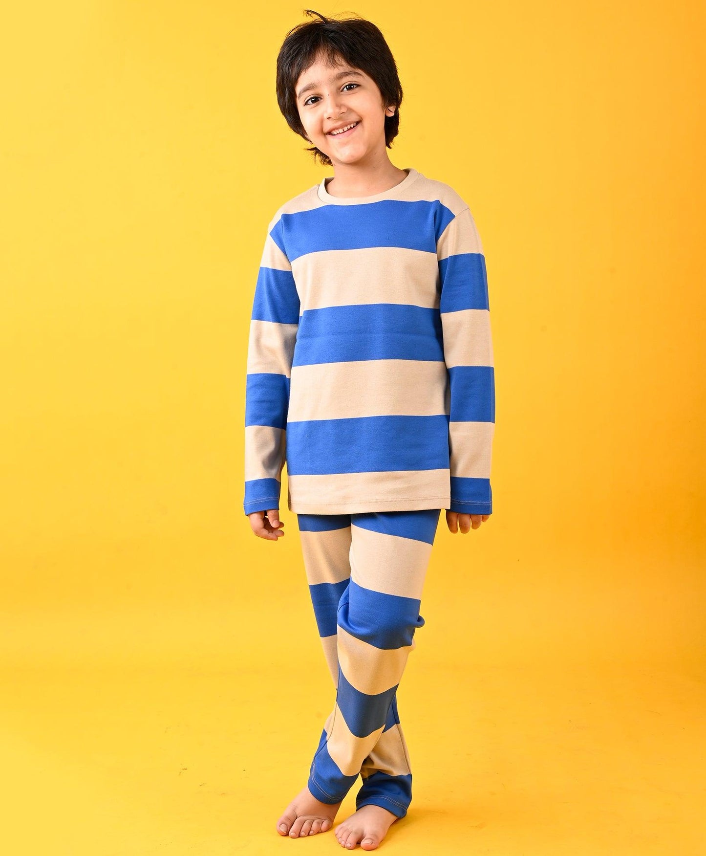 BLUE BEIGE STRIPED LONG SLEEVE PYJAMA SET - BLUE