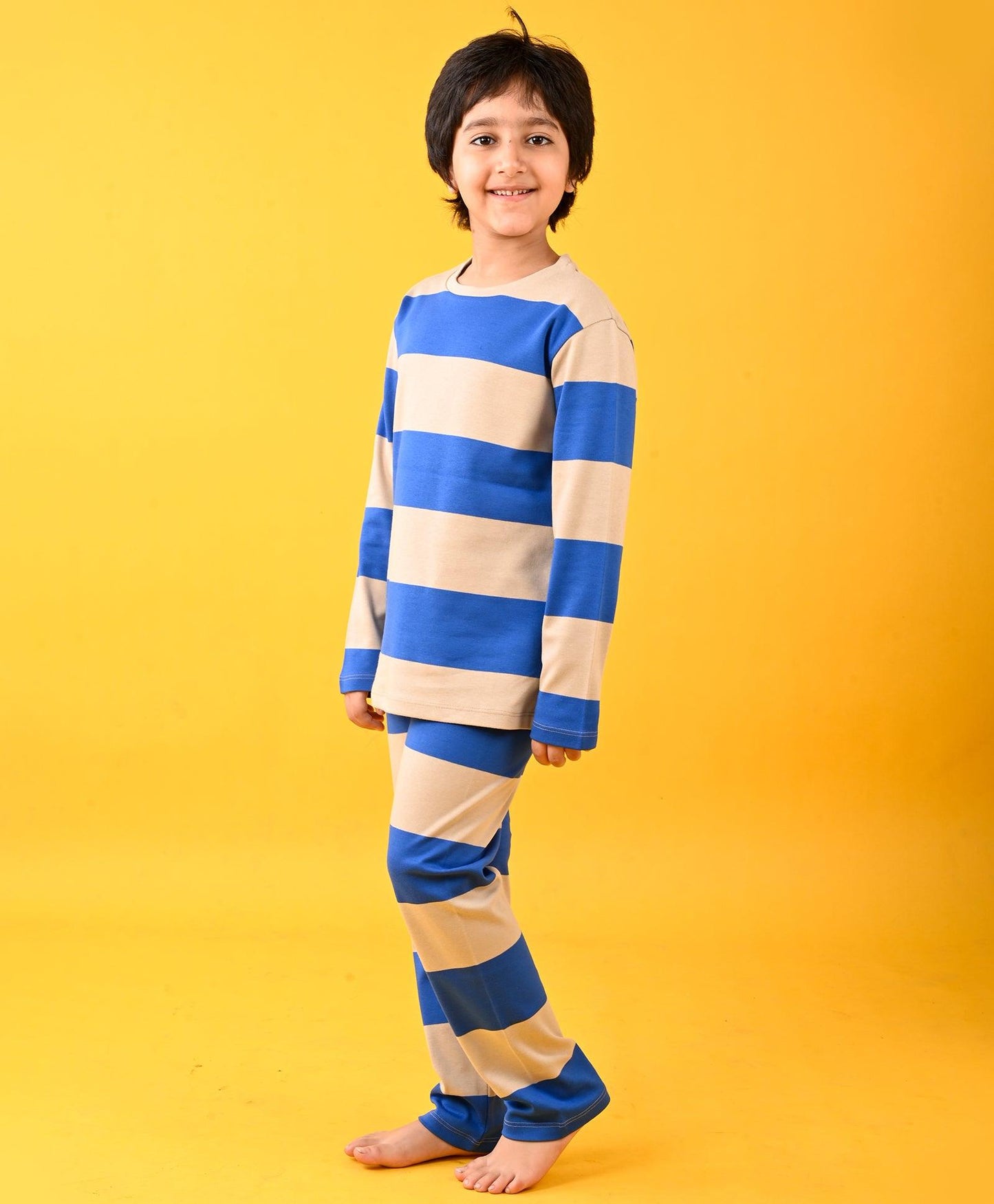 BLUE BEIGE STRIPED LONG SLEEVE PYJAMA SET - BLUE
