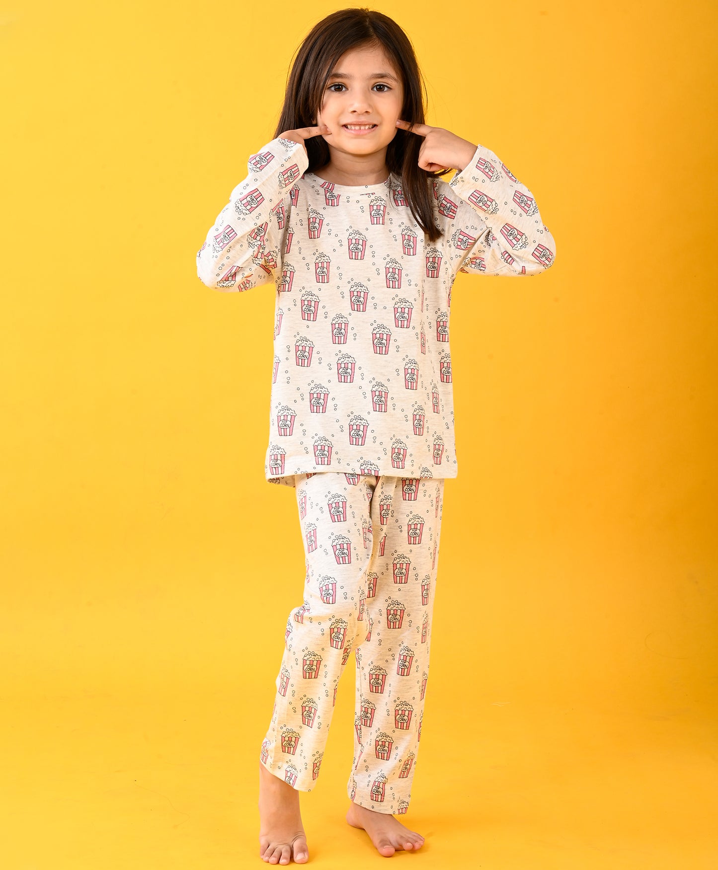 POPCORN GIRLS LONG SLEEVE PYJAMA SET - ECRU MELANGE