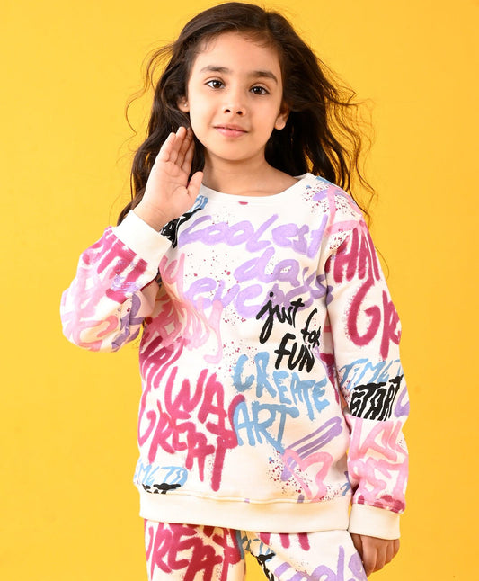 CREATE ART WARM FLEECE GIRLS ROUND NECK SWEATSHIRT - WHITE - WHITE