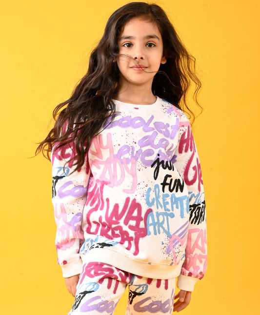 CREATE ART WARM FLEECE GIRLS ROUND NECK SWEATSHIRT - WHITE - WHITE