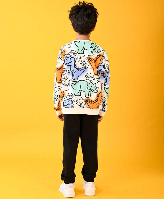 DINOSAUR WOW SWEATSHIRT AND BLACK FLEECE JOGGER SET - WHITE/BLACK