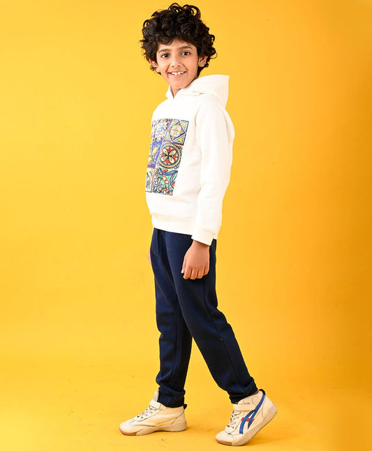 LEMON FUN VIBES FLEECE HOODIE AND WARM NAVY FLEECE JOGGER SET - WHITE/NAVY