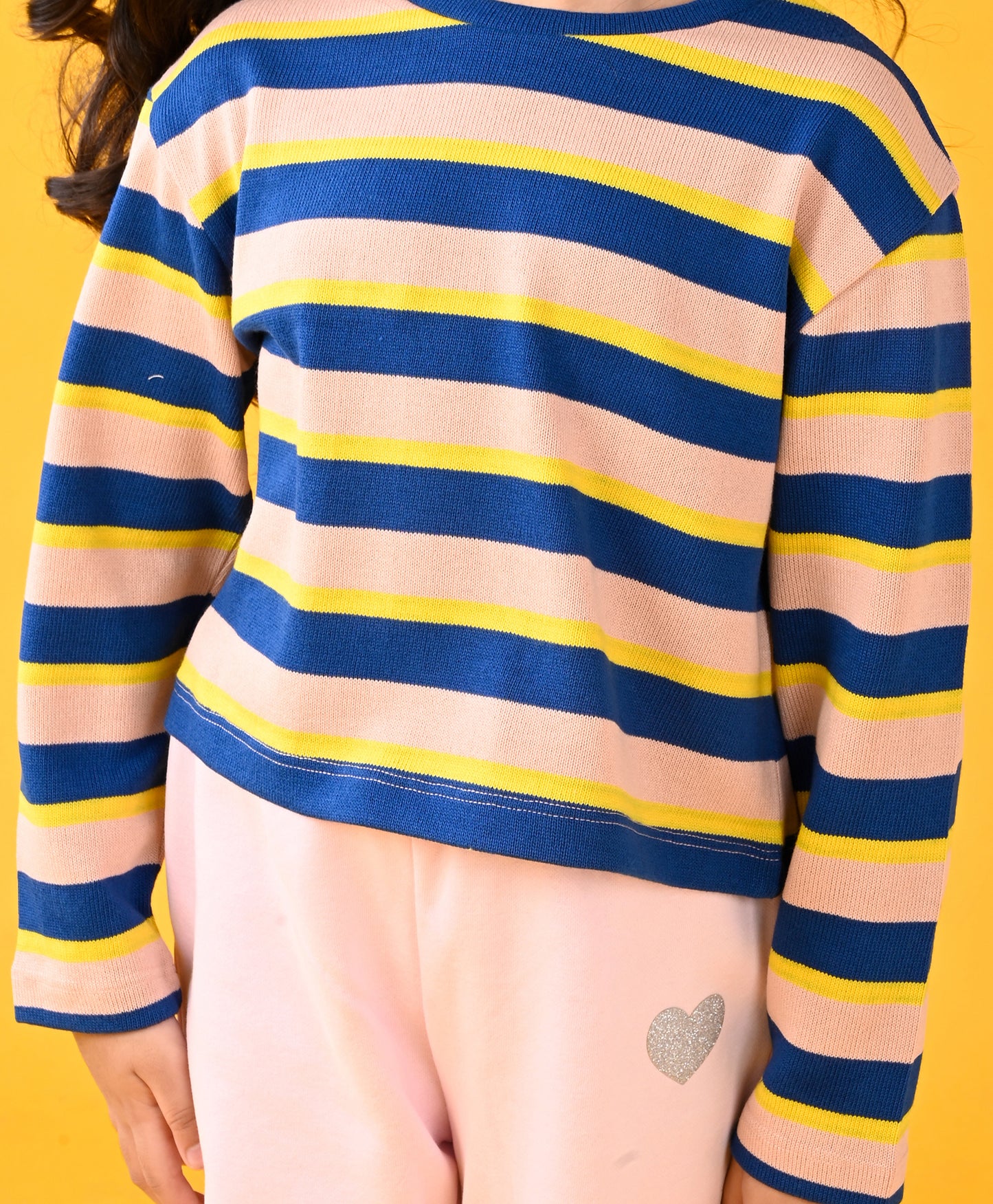 PINK YELLOW STIRPED T-SHIRT AND PINK HEART FLEECE JOGGER SET - PINK