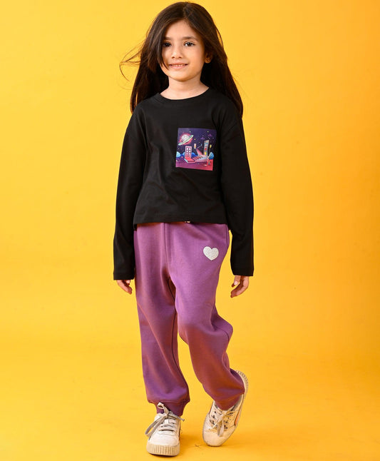 PLANET BLACK T-SHIRT AND PURPLE HEART WARM FLEECE JOGGER SET - BLACK/PURPLE