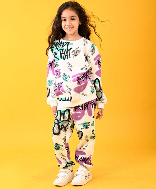 READY FOR THAT ROUND NECK FLEECE GIRLS SWEATSHIRT JOGGER SET - WHITE