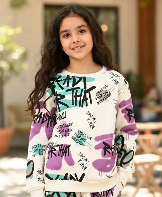 READY FOR THAT ROUND NECK FLEECE GIRLS SWEATSHIRT - WHITE