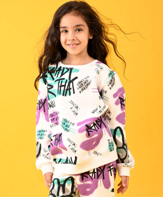 READY FOR THAT ROUND NECK FLEECE GIRLS SWEATSHIRT - WHITE