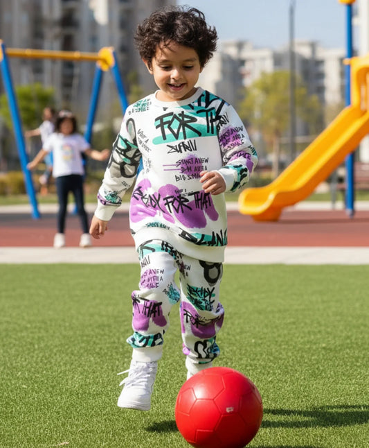 READY FOR THAT ROUND NECK BOYS FLEECE SWEATSHIRT JOGGER SET - WHITE