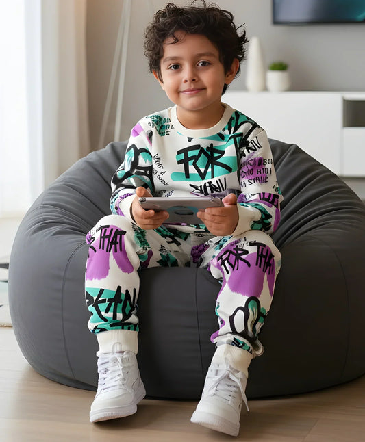 READY FOR THAT ROUND NECK BOYS FLEECE SWEATSHIRT JOGGER SET - WHITE - Anthrilo