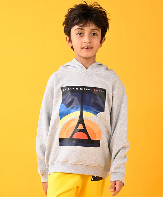 PARIS GREY MELANGE FLEECE BOYS HOODIE - GREY