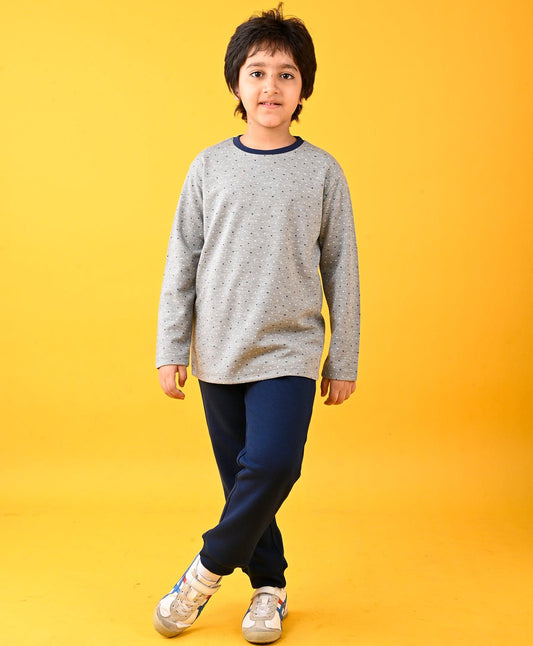 DOTTED GREY LONG SLEEVES T-SHIRT AND NAVY FLEECE JOGGER SET - GREY/NAVY