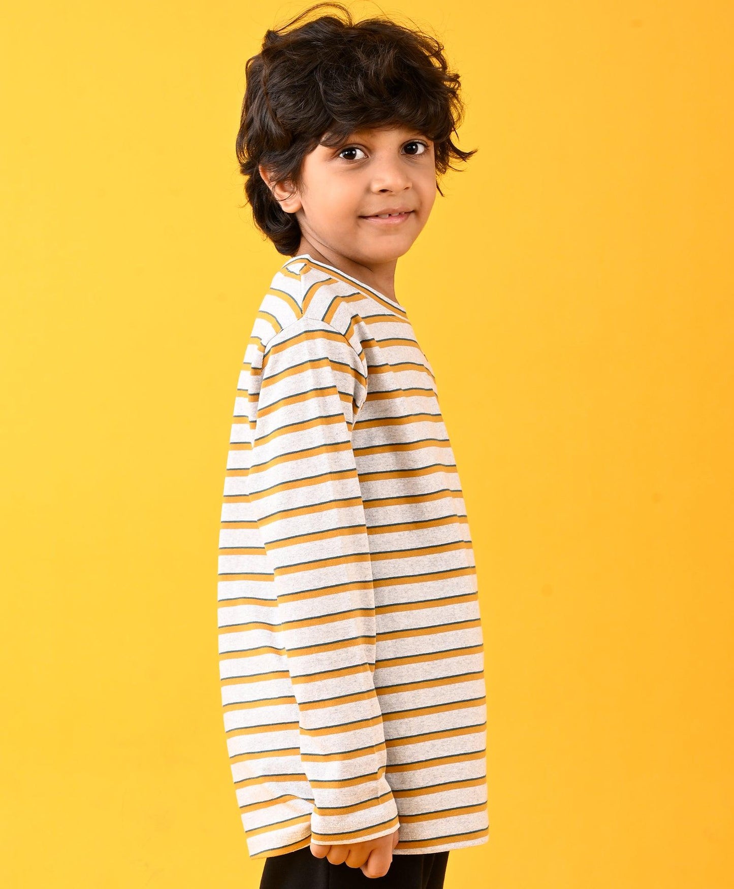 GREY YELLOW STRIPED LONG SLEEVES T-SHIRT - GREY
