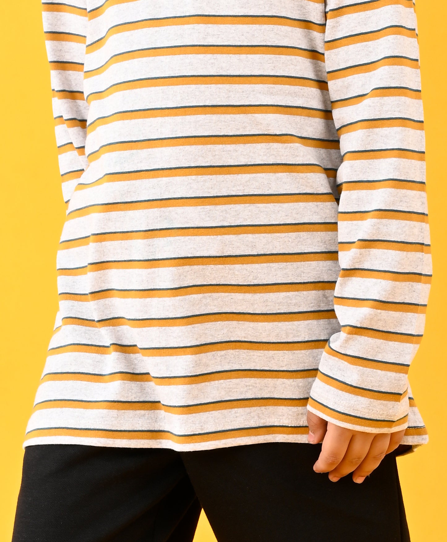GREY YELLOW STRIPED LONG SLEEVES T-SHIRT AND BLACK WARM FLEECE JOGGER SET - GREY/BLACK
