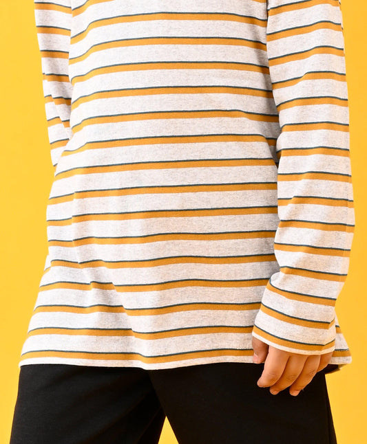 GREY YELLOW STRIPED LONG SLEEVES T-SHIRT AND BLACK WARM FLEECE JOGGER SET - GREY/BLACK