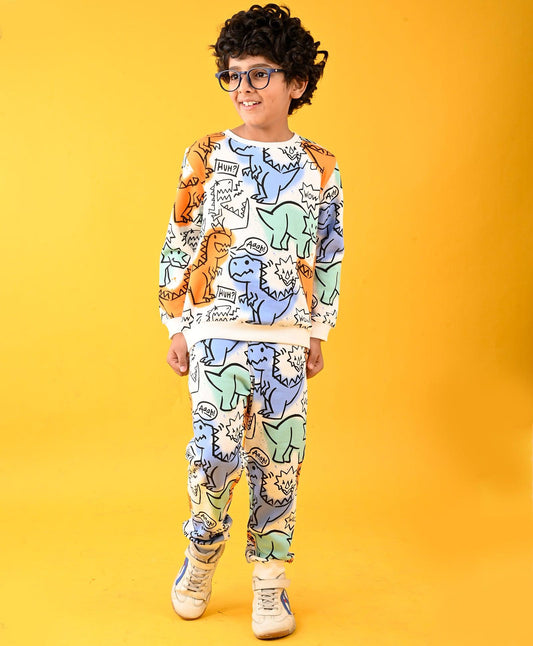 DINOSAUR WOW FUN FLEECE SWEATSHIRT JOGGER SET - WHITE