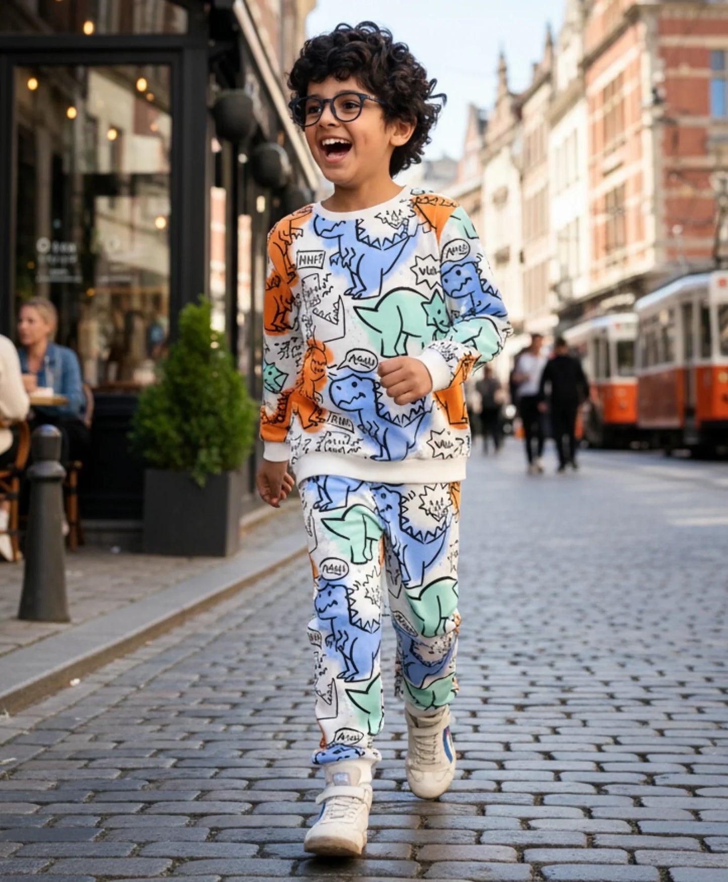 DINOSAUR WOW FUN FLEECE SWEATSHIRT JOGGER SET - WHITE