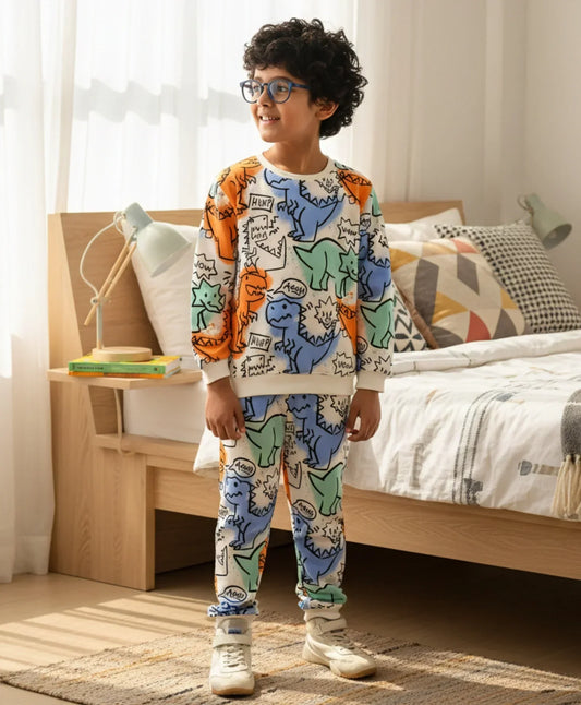 DINOSAUR WOW FUN FLEECE SWEATSHIRT JOGGER SET - WHITE - Anthrilo