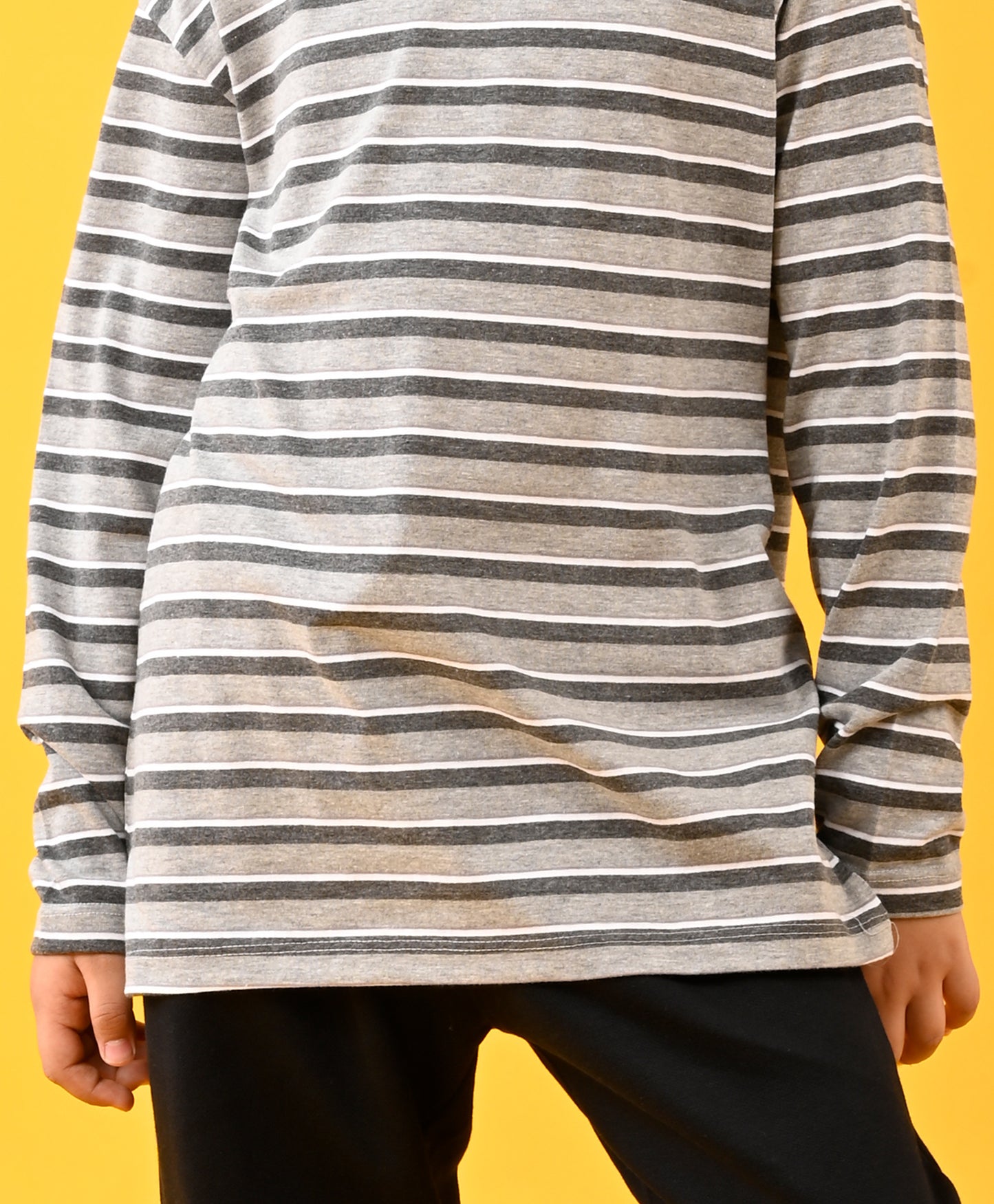 GREY WHITE STRIPED LONG SLEEVES T-SHIRT AND BLACK WARM FLEECE JOGGER SET - GREY/BLACK