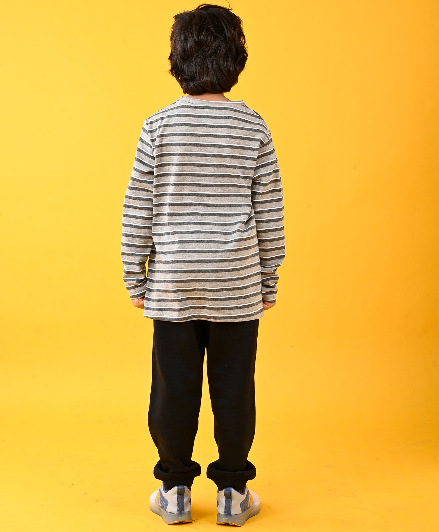 GREY WHITE STRIPED LONG SLEEVES T-SHIRT AND BLACK WARM FLEECE JOGGER SET - GREY/BLACK