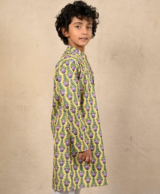 YELLOW BLOCK PRINT PURE COTTON KURTA - YELLOW