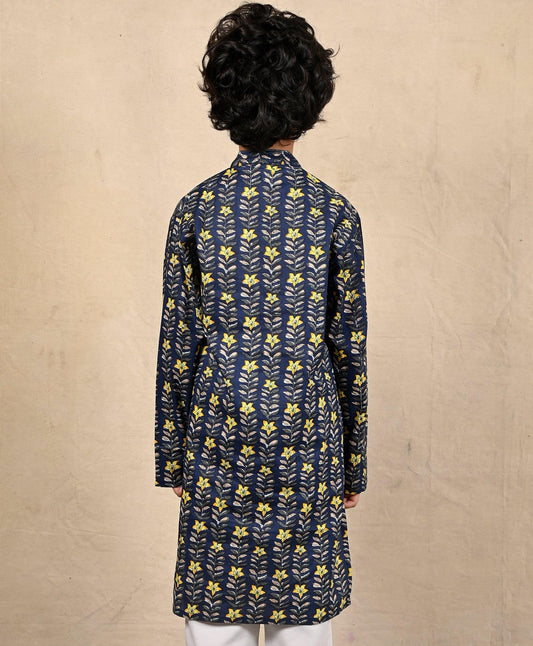 FESTIVE BLUE FLORAL PRINT PURE COTTON KURTA - BLUE
