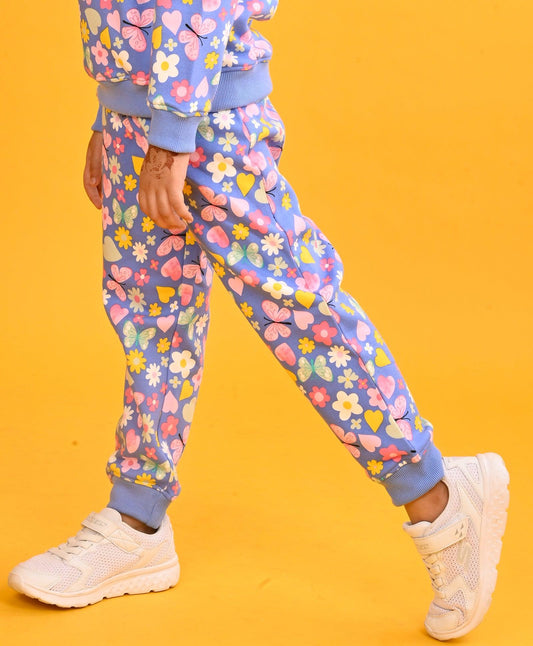 BLUE BUTTERFLY FLORAL GIRLS FLEECE JOGGER - BLUE