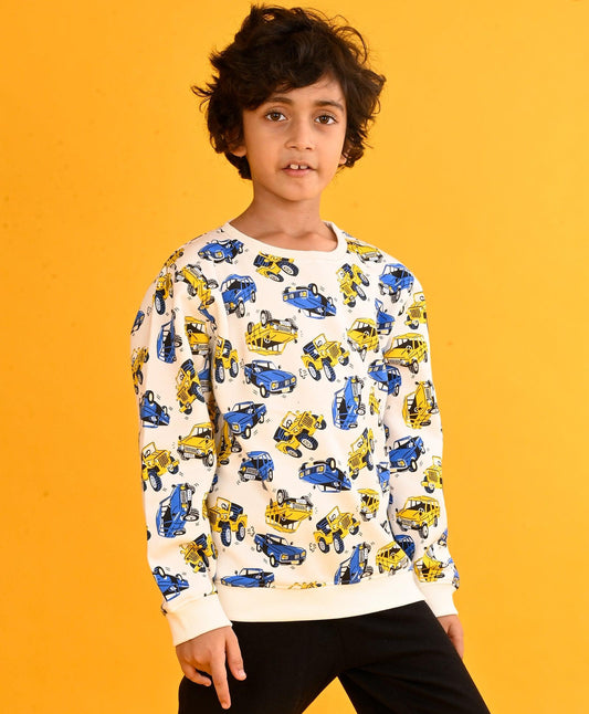 CARS PRINT BOYS FLEECE SWEATSHIRT-WHITE