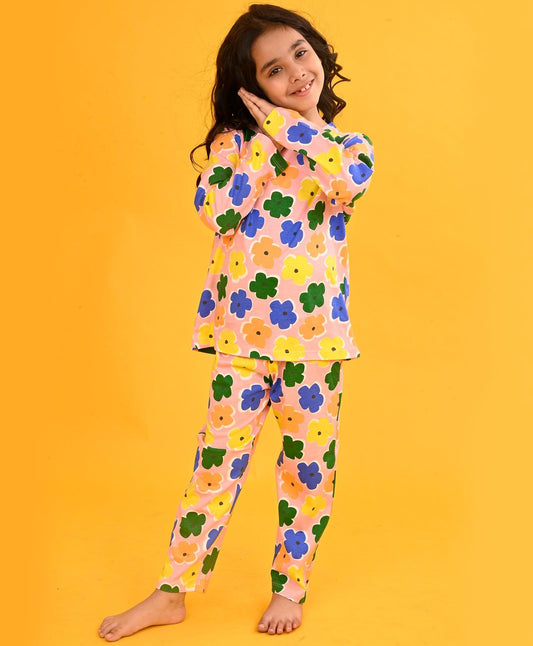 PINK FLOWERS LONG SLEEVES PYJAMA SET-PINK