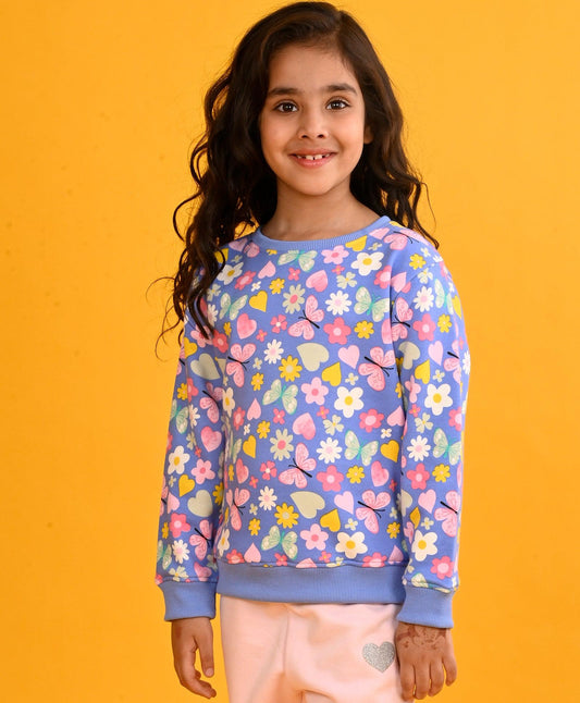 BLUE HEART FLOWERS FLEECE GIRLS SWEATSHIRT - BLUE