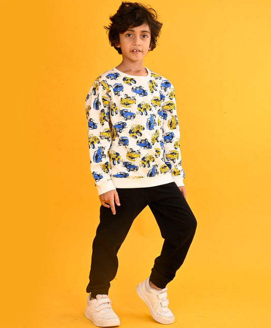 CARS PRINT BOYS FLEECE SWEATSHIRT BLACK JOGGER SET - WHITE/BLACK