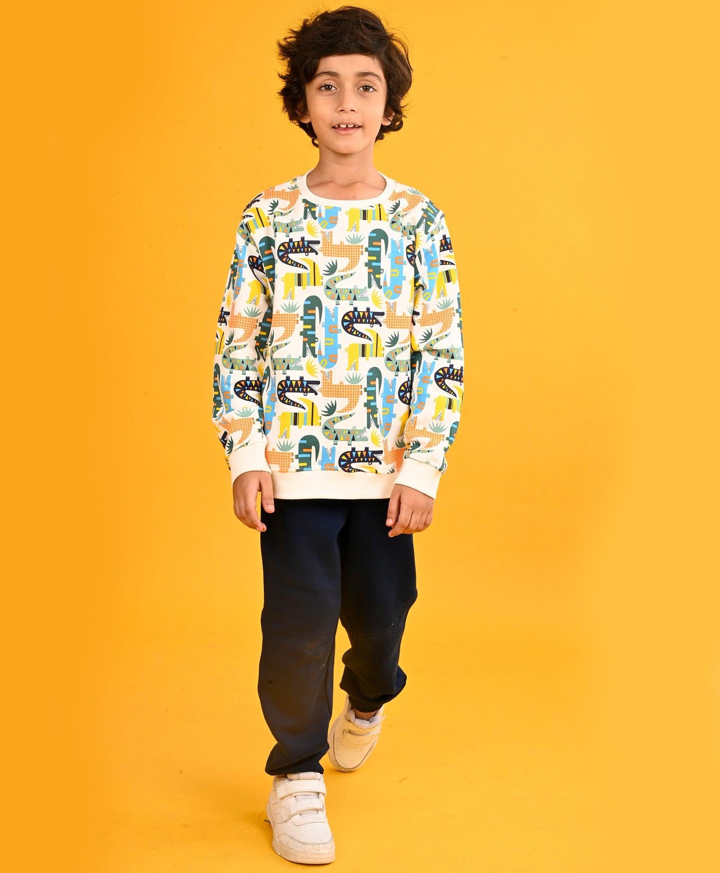 CROCODILE BOYS SWEATSHIRT NAVY FLEECE JOGGER SET - WHITE/NAVY
