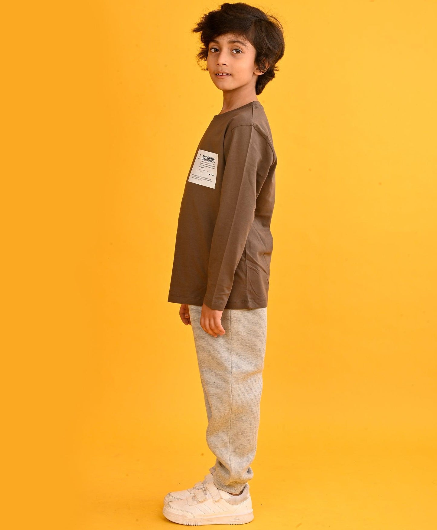 ENCOURAGEMENT BROWN BOYS LONG SLEEVES T-SHIRT GREY FLEECE JOGGER SET - BROWN/GREY