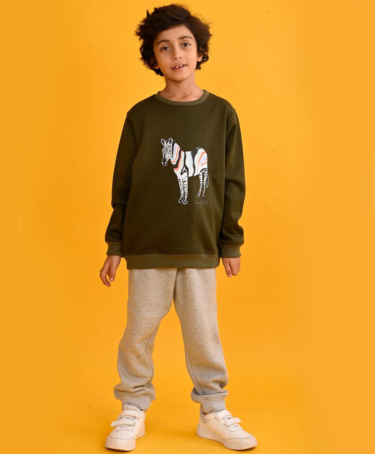 DARK OLIVE ZEBRA BOYS SWEATSHIRT GREY FLEECE JOGGER SET - OLIVE/GREY