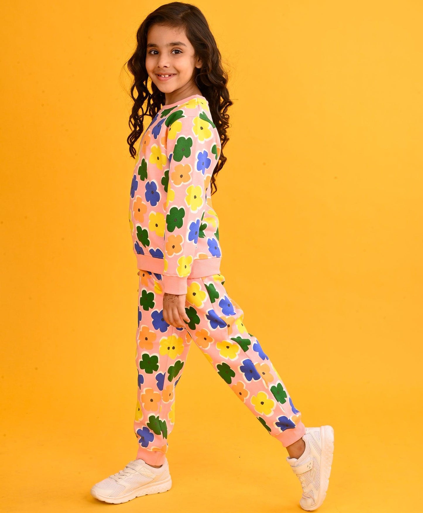 FLOWERS PINK GIRLS FLEECE SWEATSHIRT JOGGER SET - PINK
