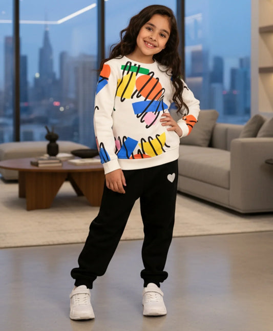 SHAPES PRINT GIRLS SWEATSHIRT BLACK HEART FLEECE JOGGER SET - WHITE/BLACK