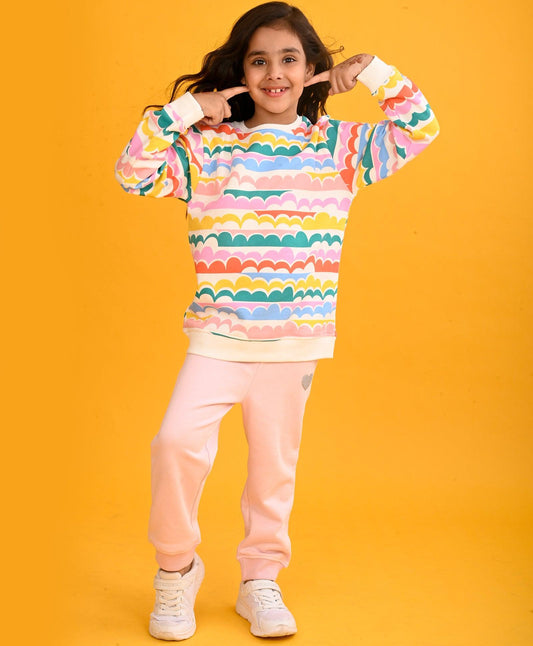 RAINBOW CLOUD GIRLS SWEATSHIRT PINK FLEECE JOGGER SET - WHITE/PINK