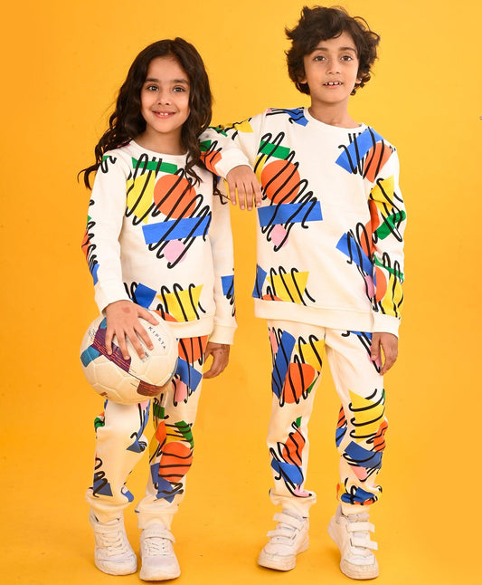 SHAPES PRINT GIRLS SWEATSHIRT FLEECE JOGGER SET - WHITE