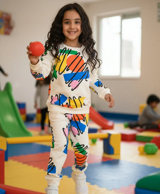 SHAPES PRINT GIRLS SWEATSHIRT FLEECE JOGGER SET - WHITE - Anthrilo