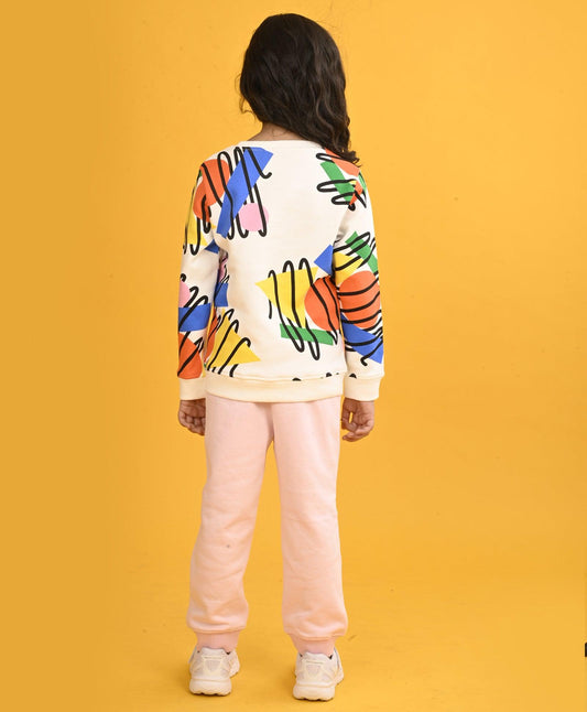 SHAPES PRINT GIRLS SWEATSHIRT PINK HEART FLEECE JOGGER SET - WHITE/PINK