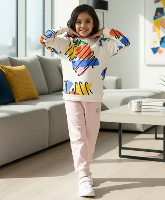 SHAPES PRINT GIRLS SWEATSHIRT PINK HEART FLEECE JOGGER SET - WHITE/PINK
